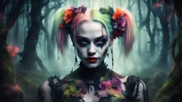 realistic portrait of harley quinn A mysterious forest where tress emit a natural luminesce, creating a surreal and enchanting atmosphere at nigth, double exposure, dark flowery swamp, glassmorphism, acid ground, ruins, floral fantasia, dark sci-fi, A gothic Art Deco biomechanical entity reminiscent of a punky, voodoo,