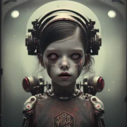 a little girl with a cyborg brain and a lot of red liquid, steam punk, scary, horror, realistic, made in octane, cinematic, ultra-realistic, extremely detailed octane rendering, 8K, VRAY Super Real ar 2:3, dof photorealistic futuristic 50mm lens hard lighting dark gray tintype photograph, realistic lighting, sephia colors