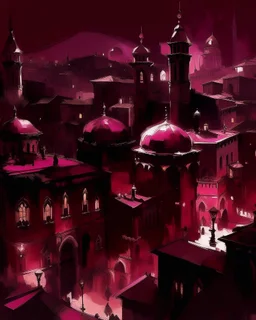 A dark reddish magenta city with chess piece shaped buildings at nighttime painted by John Singer Sargent