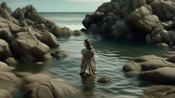 Woman with organic design that blends into the rocky surroundings at the water's edge
