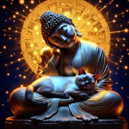 the style of Gustave Klimt, a Siamese cat sleeping in the lap of a sitting stone statue of a Buddha, completely relaxed. Modifiers: elegant dof photorealistic beautiful dynamic lighting 4K 3D cinematic postprocessing acrylic art focused stars neon glowi