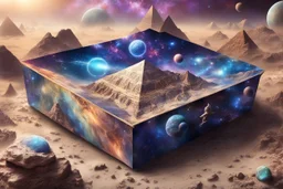 hyperrealistic, 4k, box for storing things with beautiful drawings a lot of colours, very detailed, angels, minerals, planets space, galaxies, pyramids on a planet