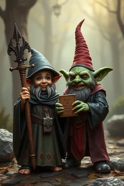 halfling hobbit priest thief, and Gnome half goblin invention, winning prize at gnome convention,