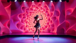 modern stage with a beautiful lady in modern clothing dancing, 3D recursive fractal structure animating background