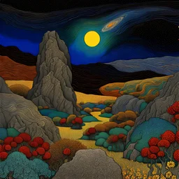 Colourful, peaceful, Max Ernst, Vincent Van Gogh, night sky filled with galaxies and stars, rock formations, trees, flowers, one-line drawing, lyric, sharp focus, 8k, deep 3d field, dramatic, ornate