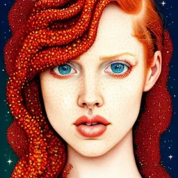 Deborah ann woll, her striking perfectly detailed clear eyes, her perfect, precisely detailed lightly freckled face, meticulously detailed long curly multi-hued ginger carrot cherry fire red hair, luminous colorful sparkles; by james r. eads, gawki, rajewel, tania rivilis, dan mumford, lisa frank, artgerm, greg rutkowski, alphonse mucha and william-adolphe bouguereau; glitter, airbrush, octane render, volumetric lighting, 16k, photorealistic digital painting, artstation, smooth, sharp focus, col