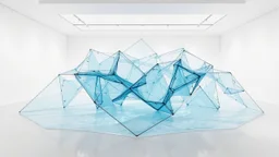 Abstract water sculpture forming geometric patterns in a minimalist white gallery, illuminated by soft, diffused lighting.