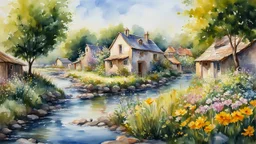 watercolor, impressionism, byzantine alcohol oil painting depicting a village, garden, flowers, stream, geese, 32k resolution, hyper detail, fine detail, fine rendering, airbrush strokes, 8k concept art, hyper detail, complex detail