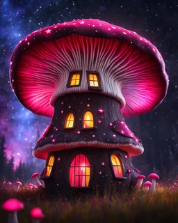 An illogically floating mushroom house on a clear night. white yellow pink red, Stars Dark cosmic interstellar. Detailed Matte Painting, deep color, fantastical, intricate detail, splash screen, hyperdetailed, insane depth, concept art, 8k resolution, trending on Artstation, Unreal Engine 5, color depth, backlit, splash art, dramatic, High Quality Whimsical Fun Imaginative Bubbly, perfect composition