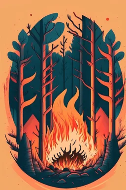 perfect round ball burning in a bonfire inside a forest, 2D flat illustration style, monoline, 3 colors max