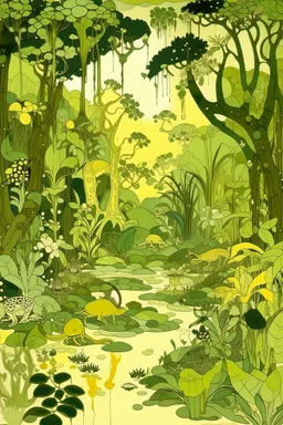 A pale greenish yellow rainforest with toxic frogs designed in Bayeux tapestry painted by Paul Cezanne