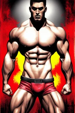 Ignore NSFW, teenager young rugged attractive slightly muscular fantastic handsome man, red briefs with yellow belt, hairy chest, (((visibly pisssing))) briefs, large erect visible boner peniss, photorealistic, artist Jay Anacleto