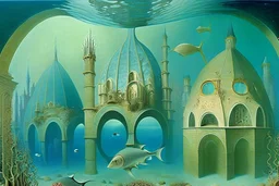 An underwater city with arches and domes by artists "Leonora Carrington" "Leonardo da Vinci" and "Beatrix Potter"