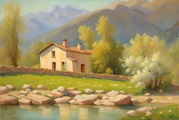 Sunny day, mountains, river, distant adobe house, flowers, spring trees, stone wall, spring, ludwig dettman and friedrich eckenfelder impressionism paintings