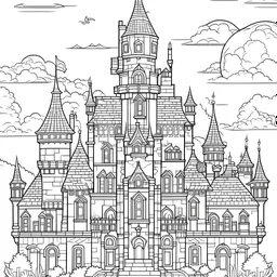 outline art for square future castle coloring page for kids, classic manga style, anime style, realistic modern cartoon style, white background, sketch style, only use outline, clean line art, no shadows, clear and well outlined