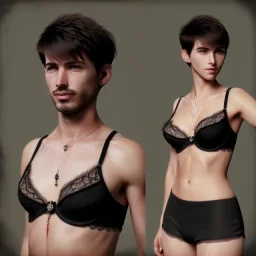 a short hair guy with a boyish face a beautiful cleavage in a lace neckline with a man's short haircut a thin waist and wide hips in bra and amulet of black magic mmuslim