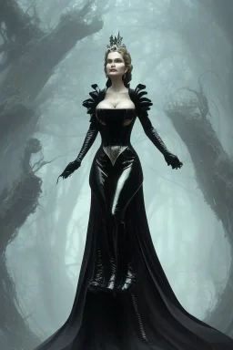 Geena Davis as evil queen in black leather gown, evil, busty, cleavage, curvy, angry, stern look. character design by cory loftis, fenghua zhong, ryohei hase, ismail inceoglu and ruan jia. unreal engine 5, artistic lighting, highly detailed, photorealistic, fantasy