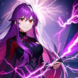 Clear focus, 8k, high quality, detailed, beautiful lighting, girl, vibrant colors, purple long hair, vibrant red eyes, lightning magic, smile, angry