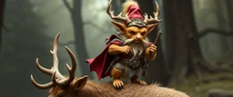 a gold ginger fluffy gnome kobold stag gremlin that looks like the opposite of a vampire in bunad standing on an elk, holding his horns