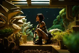 Unground underpunk and solarpunk tunnels, cinematic, extreme dof, dystopian, sci-fi, award-winning, Yui working hard in a garden, National Geographic, breath taking, oxygen farm but outside is a desert, fantasy, magical, geometry