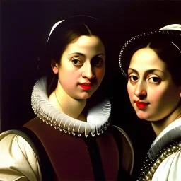 portrait of Eira Santiago Arnau and Dalia Santiago Arnau by Caravaggio,smiling, oil on canvas, cinematic composition, extreme detail,8k,fit full head inside picture,