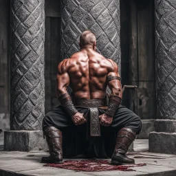 muscle viking back on his knees, hands on a pillar, ready to have his bloody back opened for execution and lungs open to the outside: this is the blood eagle ritual execution