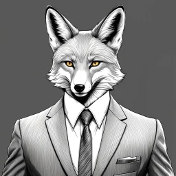 Illustrative sketch of an image of a humanoid fox, slight ironic smile, suit and tie, ultra quality line art, 8k