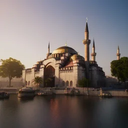 Sultanahmet cami spring, sunset, realistic, unreal engine 5, octane render, cinema4d