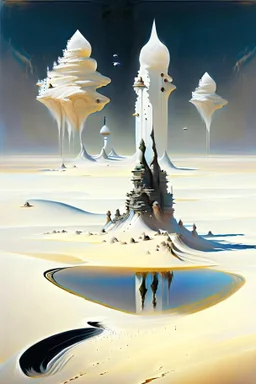 White desert sands with black tower surrounded by floating islands painterly fantasy art