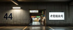 background of wall(wet textured concrete, gray, old, cracked, stained, 1 wall light) from underground parking, hong kong style, a large number "44" painted on left(old faded paint), at middle is an opening into an area with asian shops, cyberpunk, to the right of opening a white rectangle containing alien language