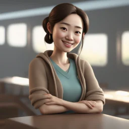 a portrait of smiling chinese woman. carricature. cute. beautiful. dark brown hair. medium layers hair. fair skin. dark brown eye pupils. small nose. heart face shape. pixar style. 3D. 4k. portrait. highly detailed. sharp focus. high resolution. full color. cinema lighting