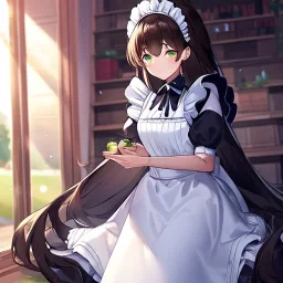 Clear focus, High resolution, long dark brown fluffy hair, green eyes, wearing a maid outfit, sitting down, in a house