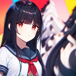 Clear focus, High resolution, long black fluffy hair, red eyes, chopped bangs, wearing a sailor uniform, wearing a sailor skirt, colorful, hollywood, female, human, mortal, thin legs, no outlines, extreme close up