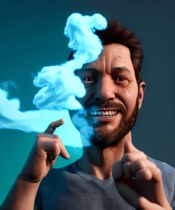 Realistic image, waist up view, a guy making the fuck you gesture with his hand, blue smoke coming out of his eyes, nose and mouth. Happy, smile, soft color, highly detailed, unreal engine 5, ray tracing, RTX, lumen lighting, ultra detail, volumetric lighting, 3d, finely drawn, high definition, high resolution.