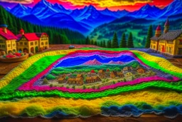 Hand sewn and embroidered extremely cute Austrian mountain village, threads, sewing needles on a table on lace blanket in a luxury bedroom, centre, bold colours elegant fantasy 8k beautiful dynamic lighting award winning imperial colors hyperrealistic ultra detailed 4K 3D high definition crisp quality colourful hdr in sunshine