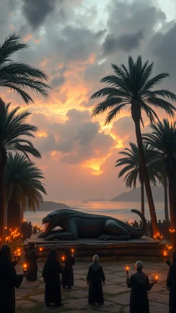 A huge anunnaki creature laying down on a bench of wood surrounded by date palms and many people holding candles all wearing black customs close to the river of tigers cloudy sunset environment