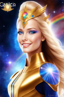 cosmic woman angels smile,admiral high ufo commander from the future, one fine whole face, crystalline skin, expressive blue eyes,rainbow, smiling lips, very nice smile, costume rainbow pleiadian, Beautiful tall woman pleiadian Galactic commander, ship, perfect datailed golden galactic suit, high rank, long blond hair, hand whit five perfect detailed finger, amazing big blue eyes, smilling mouth, high drfinition lips, cosmic happiness, bright colors rainbow, blue, pink, gold, jewels, realist,8k