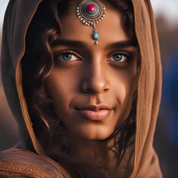 close-up, portrait photo, looking into camera, of a beautiful Indian girl, with bright blue eyes