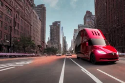 A Tesla 'Semi' (semi truck) is going at a high speed, near the Flatiron Building in Manhattan. (CINEMATIC, WIDE ANGLE LENS, PHOTO REAL)