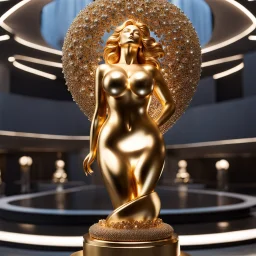 A magnificent golden and silver heart-shaped sign adorned with a stunning golden sphere encrusted with sparkling diamond clusters at its center, elegantly spinning in position,a girl statue standing pose