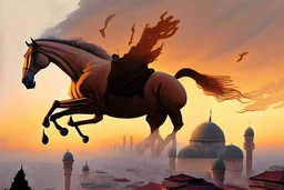 Ultra realistic vibrant antrophpmorphic half-human, half-horse creature (Centaur) with human head flying after a dynamic jump in the sky before a Bird's-eye view of Istanbul at sunset, with Hagia Sofia visible, in the twilight, and fog and mist rolling in between the houses. Pastel brown and orange colors, sepia very attractive fantastic view