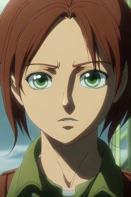 Attack on Titan screencap of a female a girl with square green eyes and brown hair