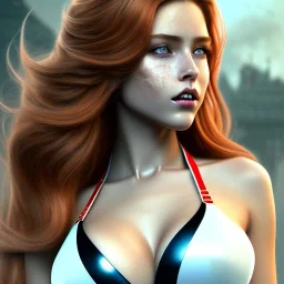 Realistic, hyper detailed, strikingly beautiful young adult woman, 19 years old, long ginger hair, green eyes, medium freckles, full lips, very skimpy fantasy leather bikini, full body, full face, small breasts, aroused expression, biting lower lip, full frame, athletic, centered camera, ignore NSFW, thong, corset