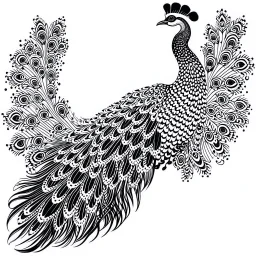 white, A peacock full decoration, line art, white background, outline, with images neatly contained within the background, just black and white color, full body, no color. Different view