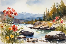 Sunny day, rocks, flowers, spring, mountains, epic, winslow homer watercolor paintings