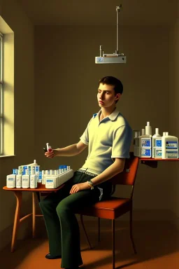 A young man sitting on a chair giving himself an injection, medicines and drugs on the table next to him, 8k, finely detailed, photo realistic,The scene is from the 1990's .