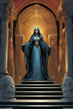 The high priestess of the god of death walking her temple. Mark Brooks and Dan Mumford, comic book art,