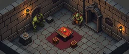 isometric map of 4x4 meter room, with an ogre and an orc captain, and a chest under a table