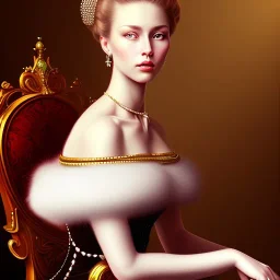 painting of an elegant lady sitting on a chair, a perfect face, highly detailed