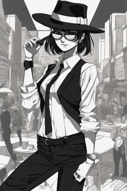 manga, anime, drawing, art, cartoon, perfect body, perfect hands, perfect face, perfect eyes, perfect arms, perfect cowboy hat, mafia woman, female mafia,, short hair pixie cut shaved side, black suit and tie, sunglasses, badass, cool, attractive